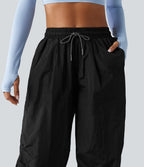 Pantalon cargo ample de randonnée taille haute avec cordon de serrage, fronces et poches