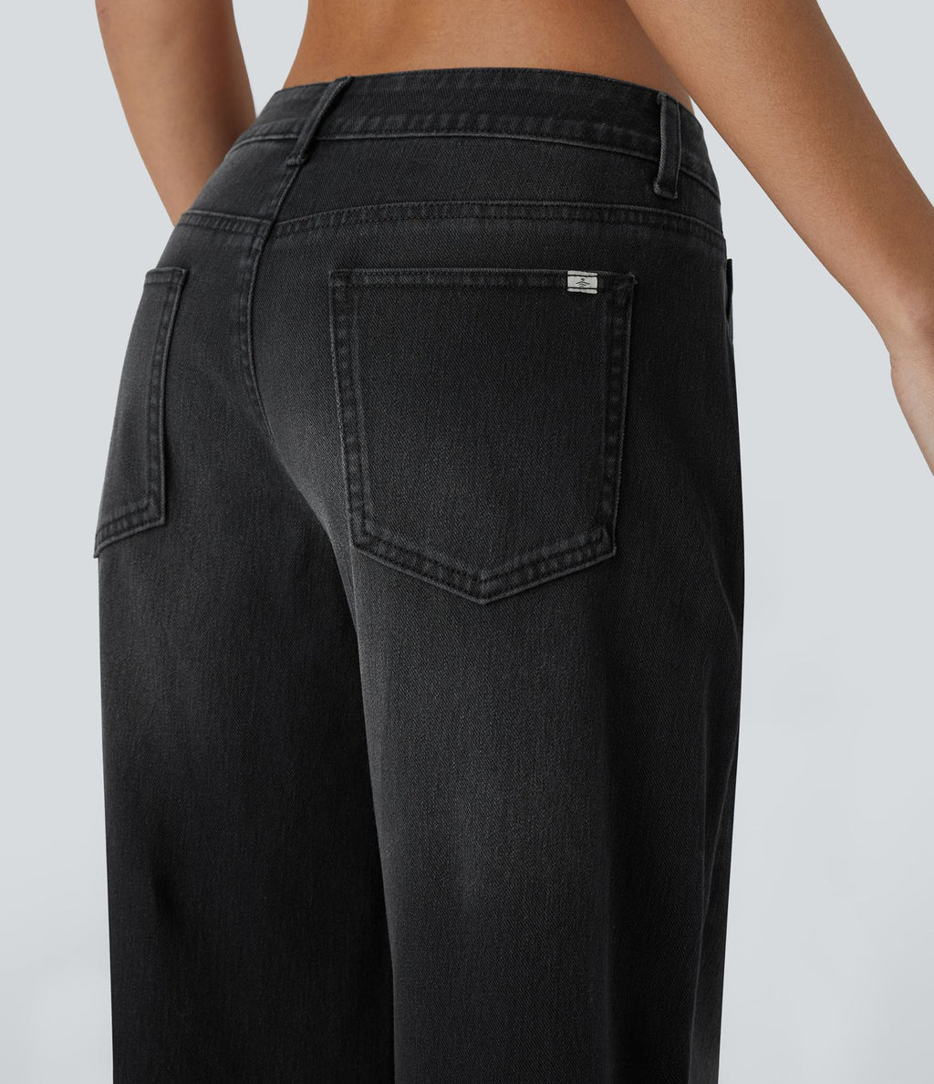 Halara Flex™ Jean large asymétrique taille basse avec bouton, fermeture éclair et poches multiples, délavé et extensible en maille