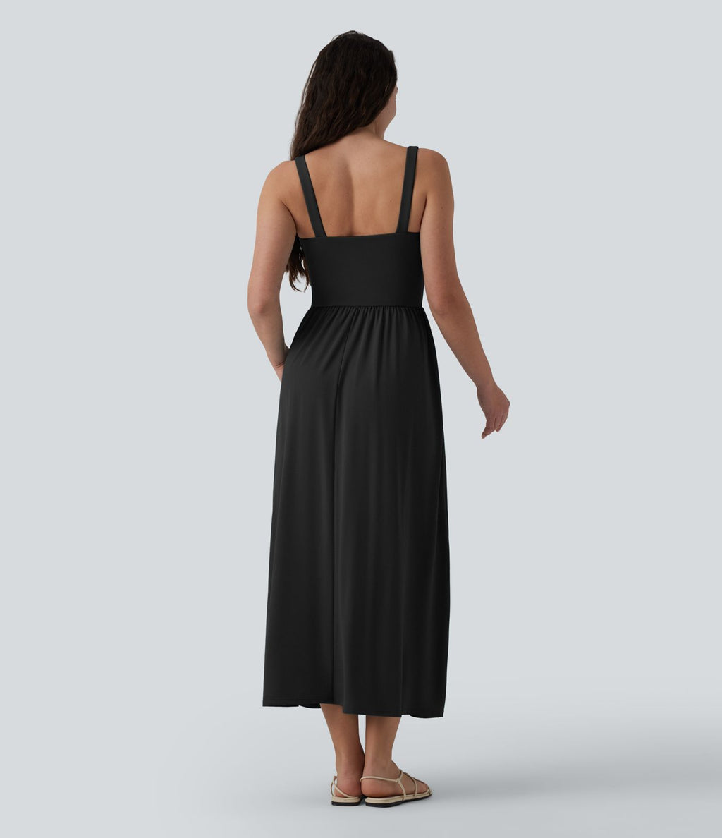 Robe midi fluide casual col carré à corset et nœud devant avec poches