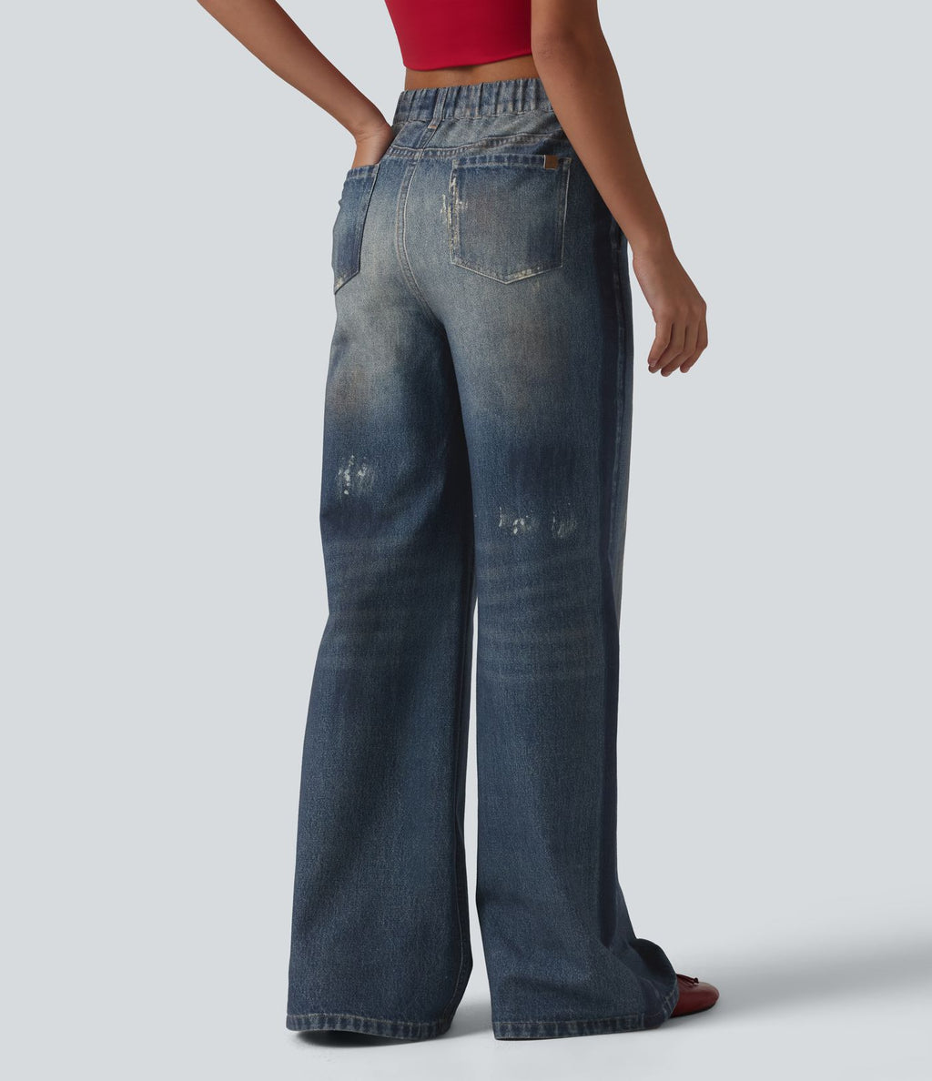 Jean de survêtement décontracté à rayures en tissu éponge français imprimé denim taille mi-haute avec poches