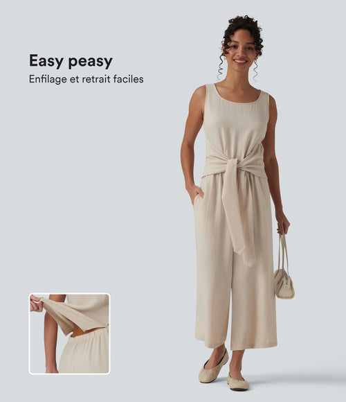 Combinaison casual aspect lin col rond échancré sans manches avec nœud frontal et poches – Easy Peasy