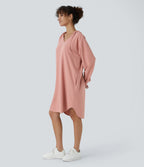 Robe Sweatshirt Casual à Capuche avec Cordon Poches Latérales Ourlet Courbé Asymétrique Oversize Mini en Tissu Gaufré