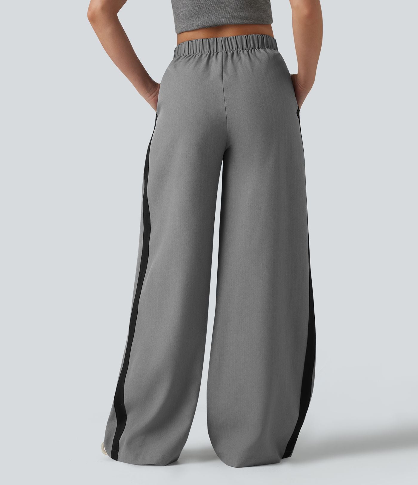 Pantalon large infroissable taille haute color block décontracté aspect lin avec poches