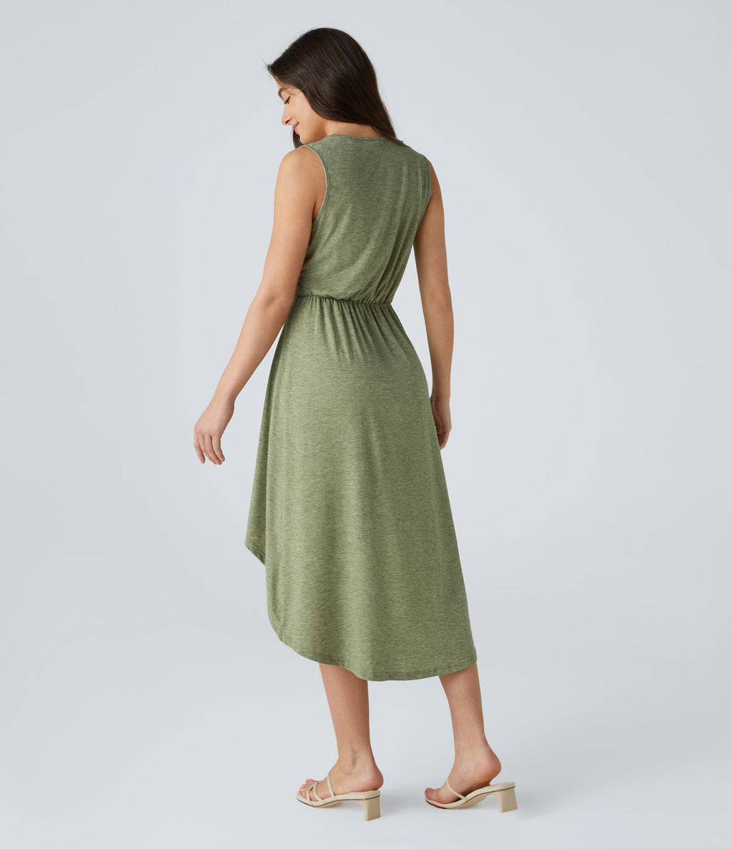 Robe Mi-Longue Plissée Décolleté Plongeant Sans Manches Haut Bas Ourlet Croisé