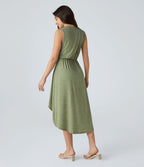 Robe Mi-Longue Plissée Décolleté Plongeant Sans Manches Haut Bas Ourlet Croisé