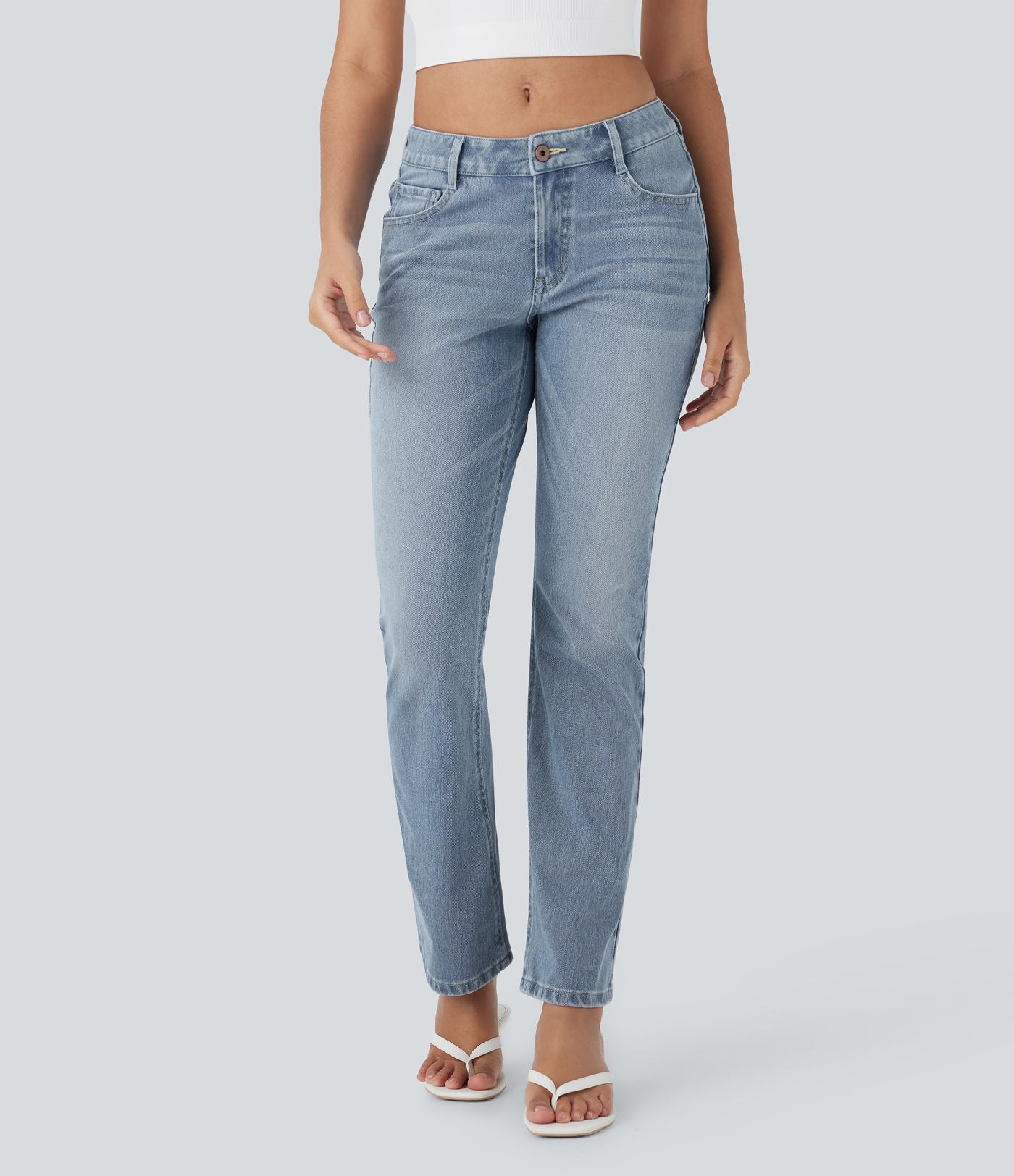 Jean bootcut délavé Halara Flex™ taille basse avec bouton, fermeture éclair et poches multiples