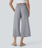 Pantalon décontracté aspect lin 7/8 à taille haute, jambe large avec cordon de serrage et poches latérales