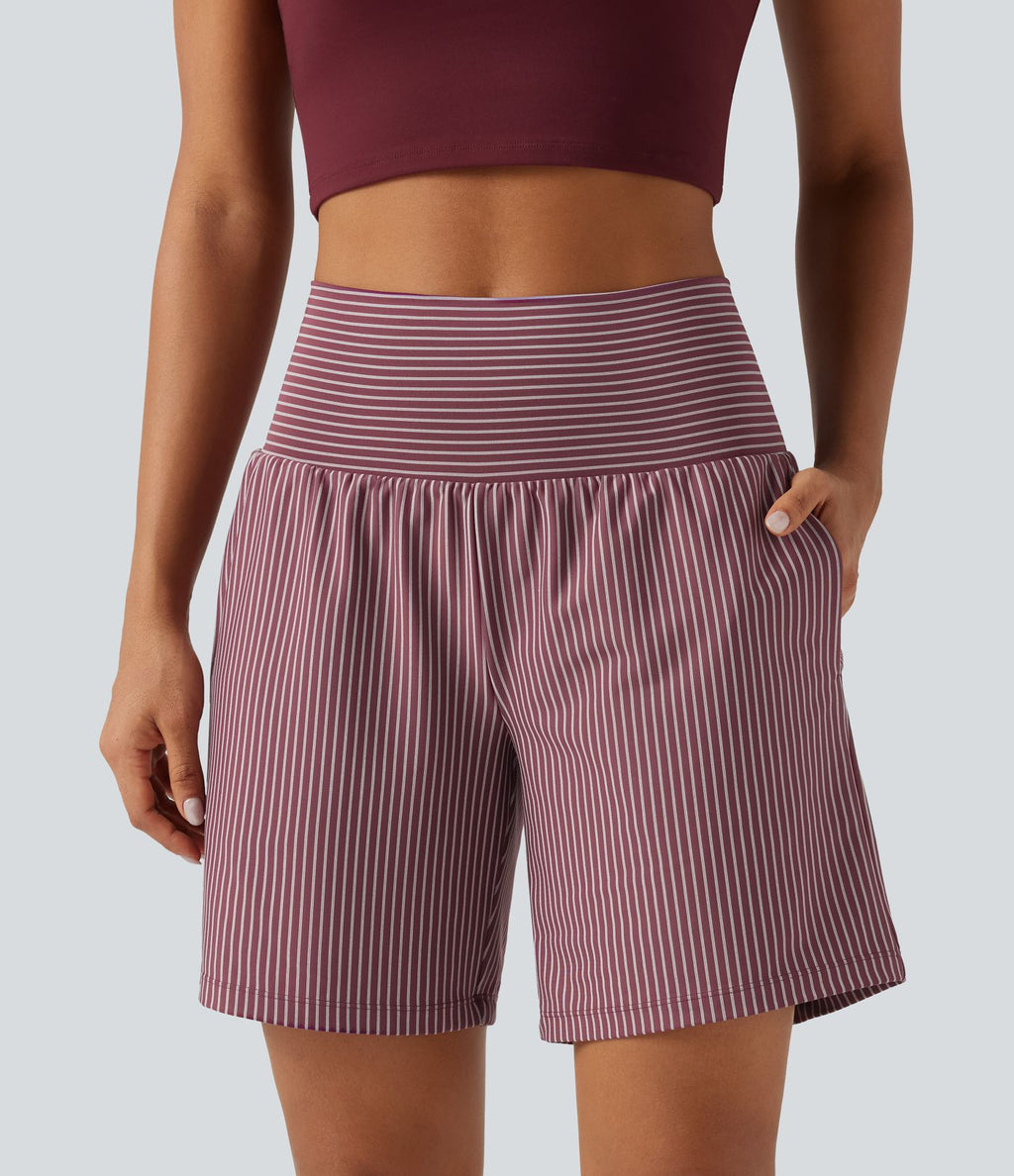 Short yoga 2-en-1 à rayures taille super haute 17,5 cm avec poches