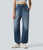 Jogging taille haute en molleton French Terry imprimé jean avec poches