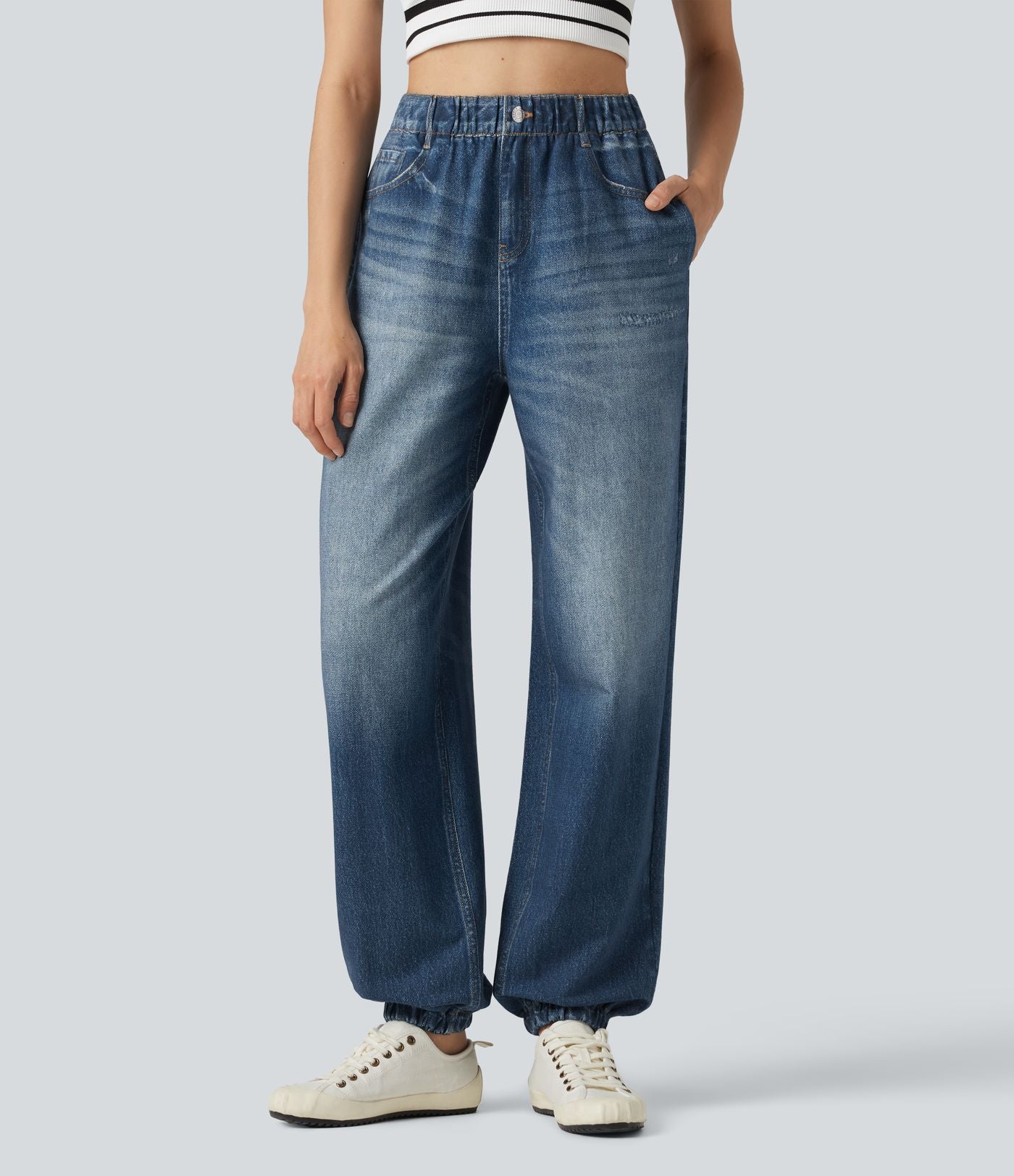 Jogging taille haute en molleton French Terry imprimé jean avec poches