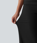 Pantalon ample décontracté en maille côtelée taille très haute rabattable avec poches