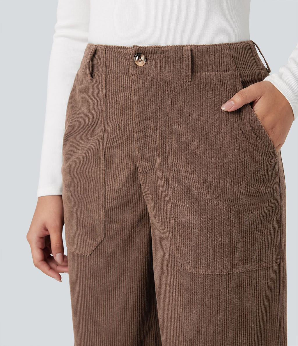 Pantalon décontracté large en velours côtelé, taille haute, avec poches