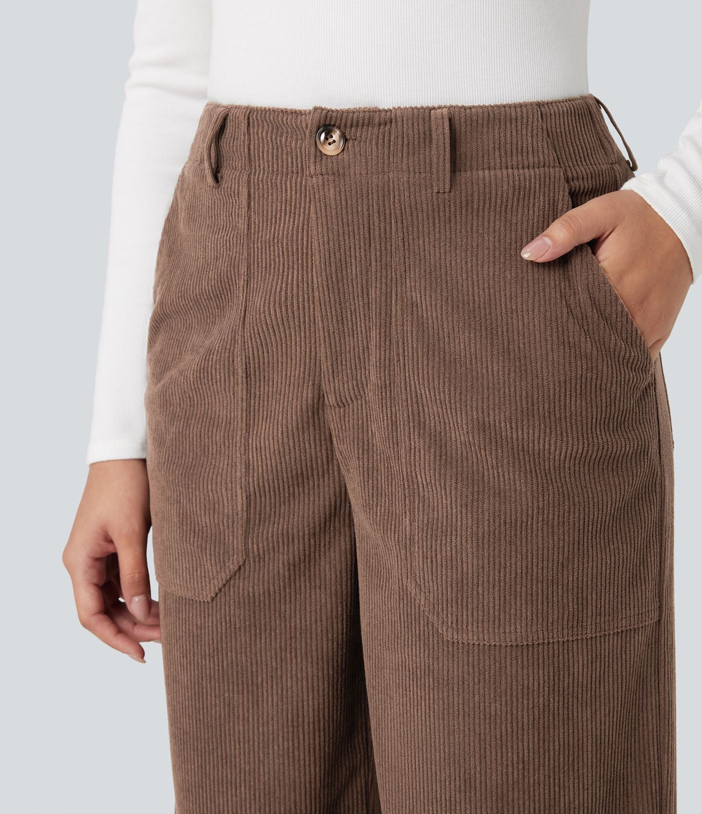 Pantalon décontracté large en velours côtelé, taille haute, avec poches