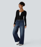 Halara Flex™ Jean Large Casual Taille Basse avec Boutons Zip Multiples Poches Lavés Élastiques et Tricotés