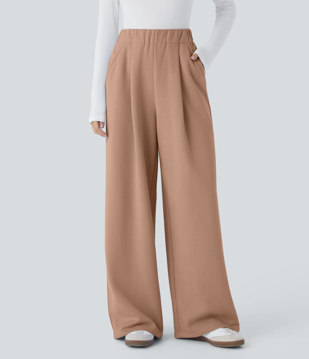 Pantalon Jogging Thermique Taille Haut Jambes Larges Poche Latérale Plissée en Fleece