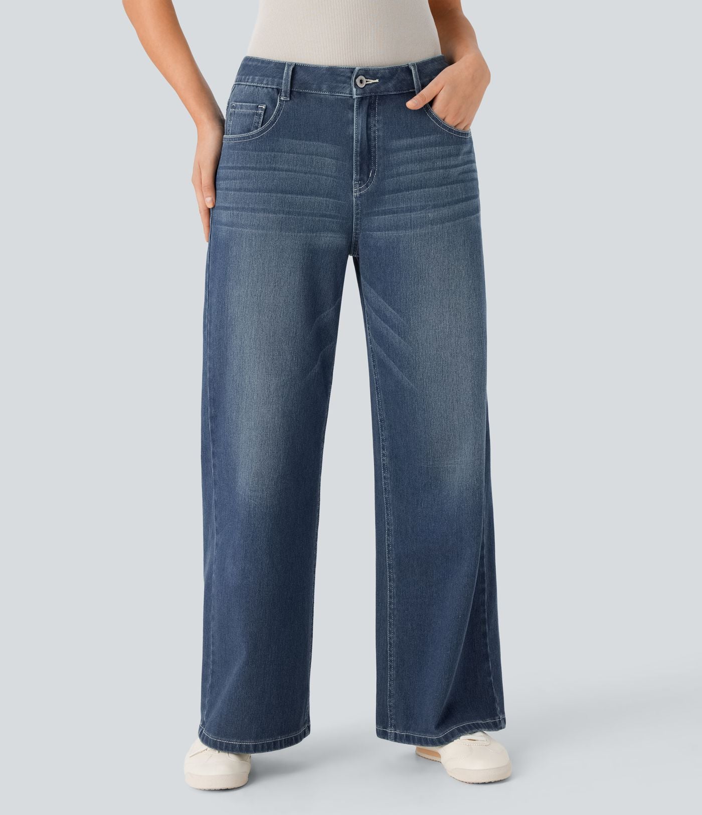 Halara Flex™ Jean Large Casual Taille Basse avec Boutons Zip Multiples Poches Lavés Élastiques et Tricotés