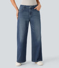 Halara Flex™ Jean Large Casual Taille Basse avec Boutons Zip Multiples Poches Lavés Élastiques et Tricotés