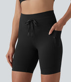 Short de cycliste yoga uni taille haute 17,5 cm avec cordon de serrage et poches