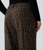 Pantalon velours côtelé imprimé léopard coupe droite taille mi-haute avec poches