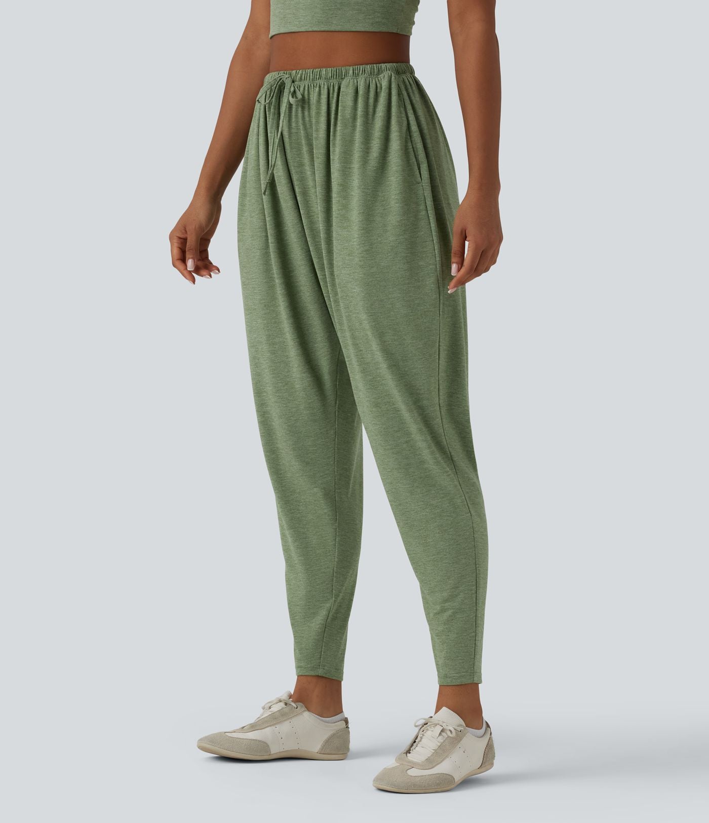 Pantalon sarouel décontracté chiné taille haute avec cordon de serrage et poches
