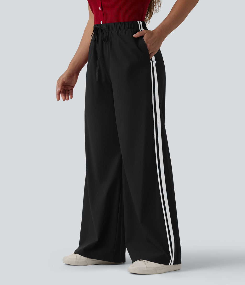 Pantalon large décontracté rayé taille haute avec cordon de serrage avec poches