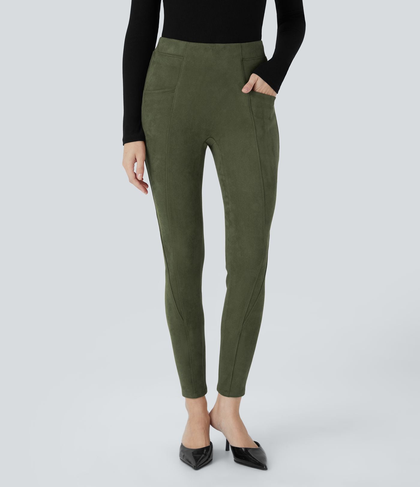 Legging décontracté en suédine taille haute, gainant, avec poches latérales
