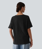T-shirt casual ample col cœur manches courtes retroussées en coton slub avec poche