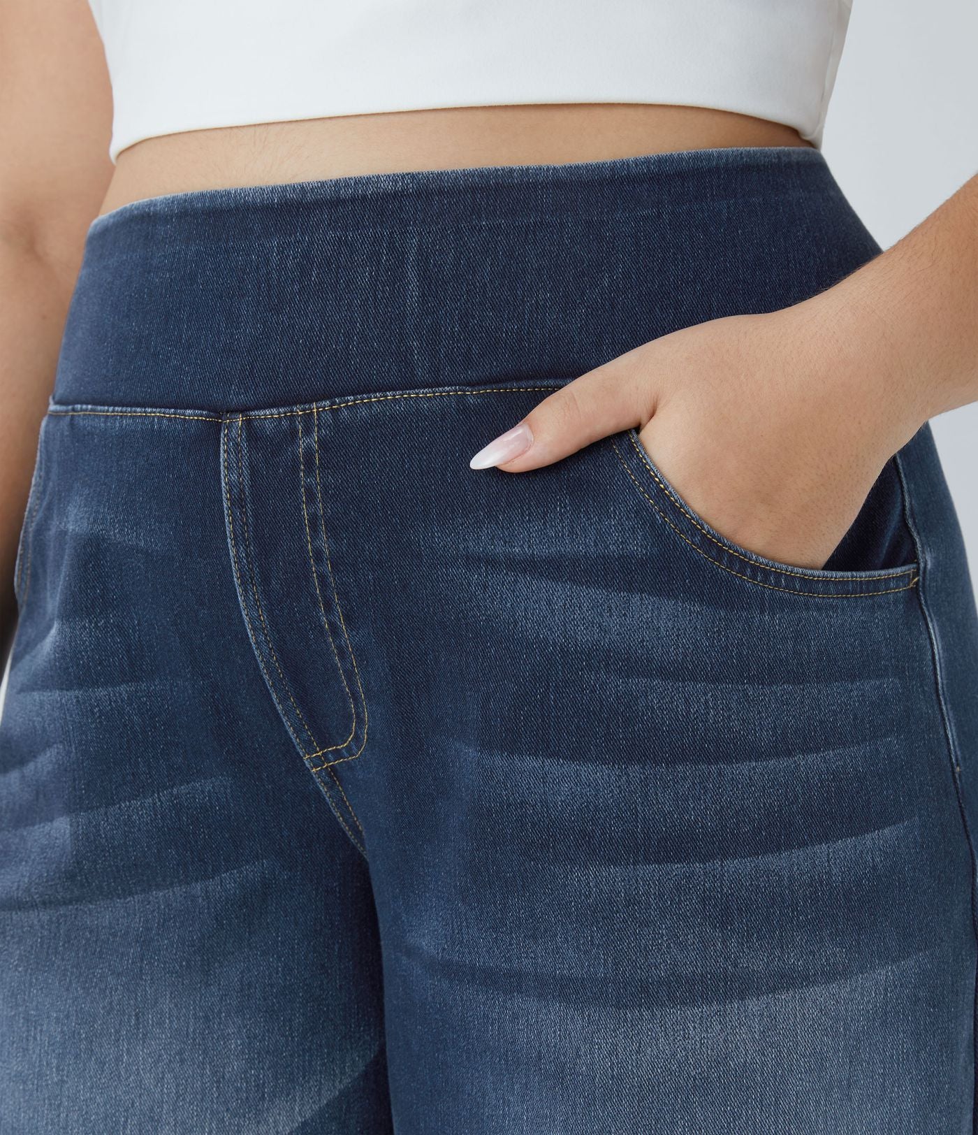 Halara Flex™ Jeans Larges Casual Taille Haute Multiples Poches Lavés Élastiques et Tricotés Grande Taille