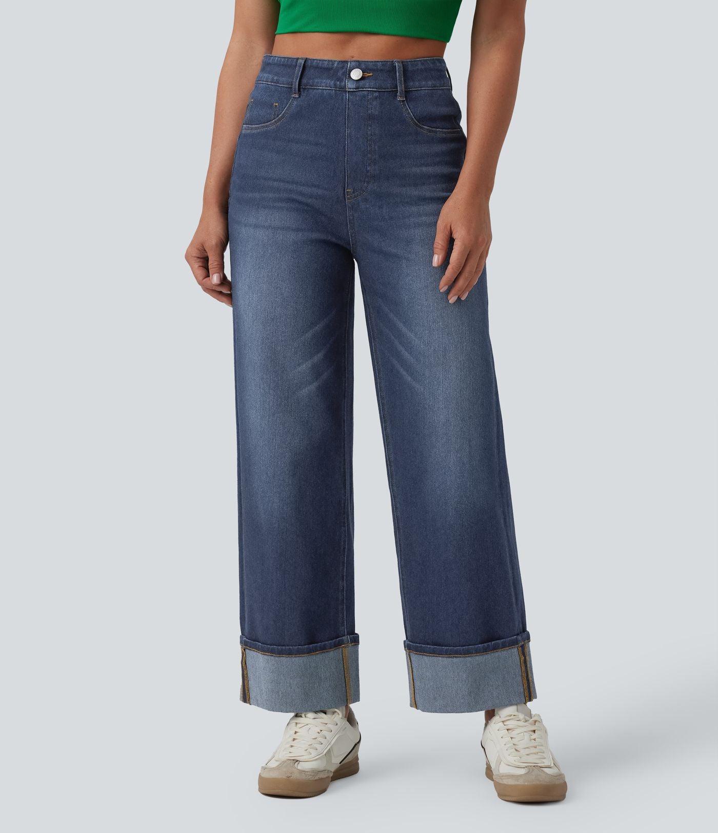 Jean large 7/8 décontracté Halara Flex™ délavé gainant taille haute ourlet roulotté avec poches