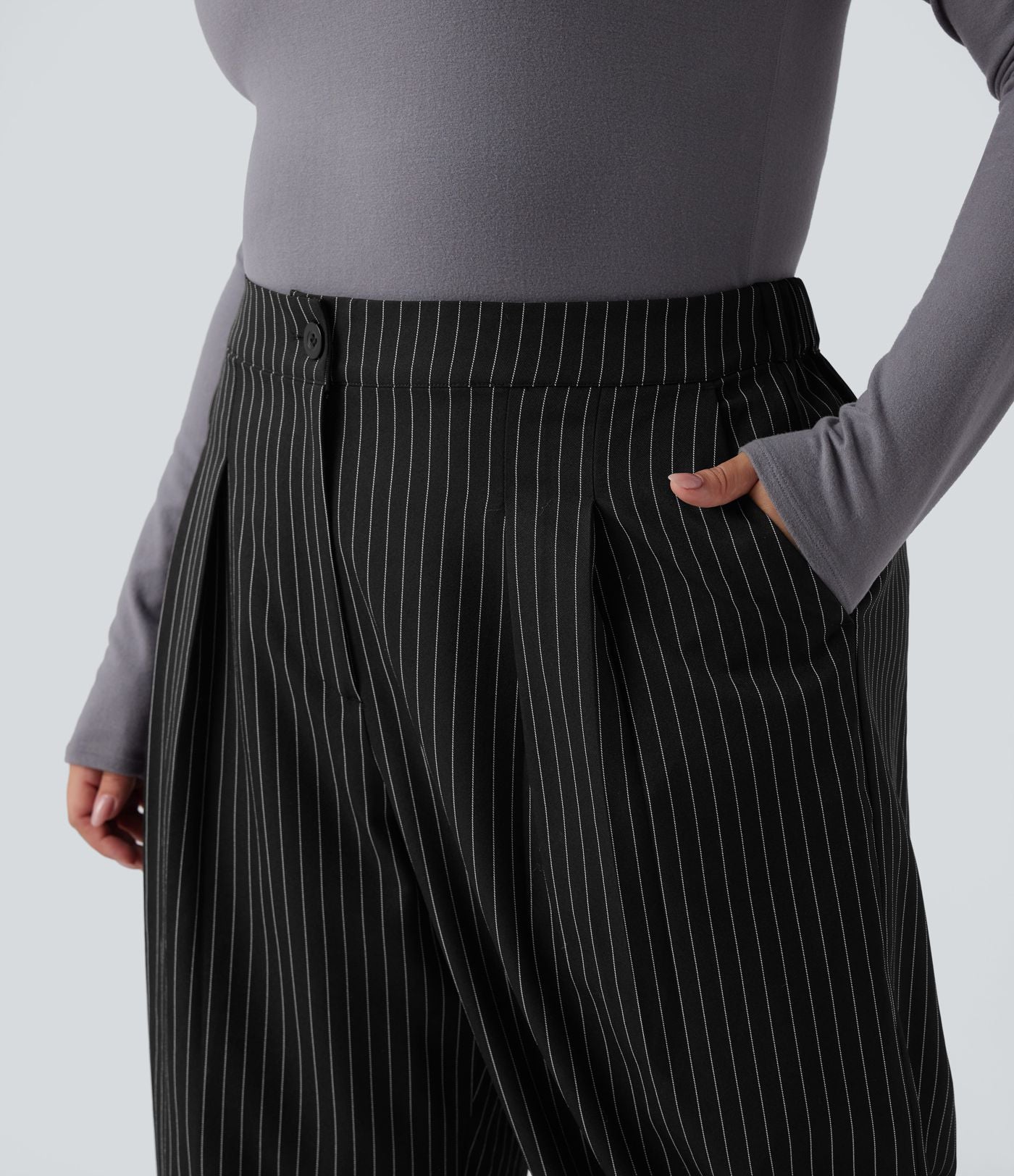 Pantalon tailleur large grande taille taille haute à rayures avec poches