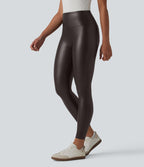 Legging casual 7/8 taille haute ventre plat en similicuir extensible, avec poches