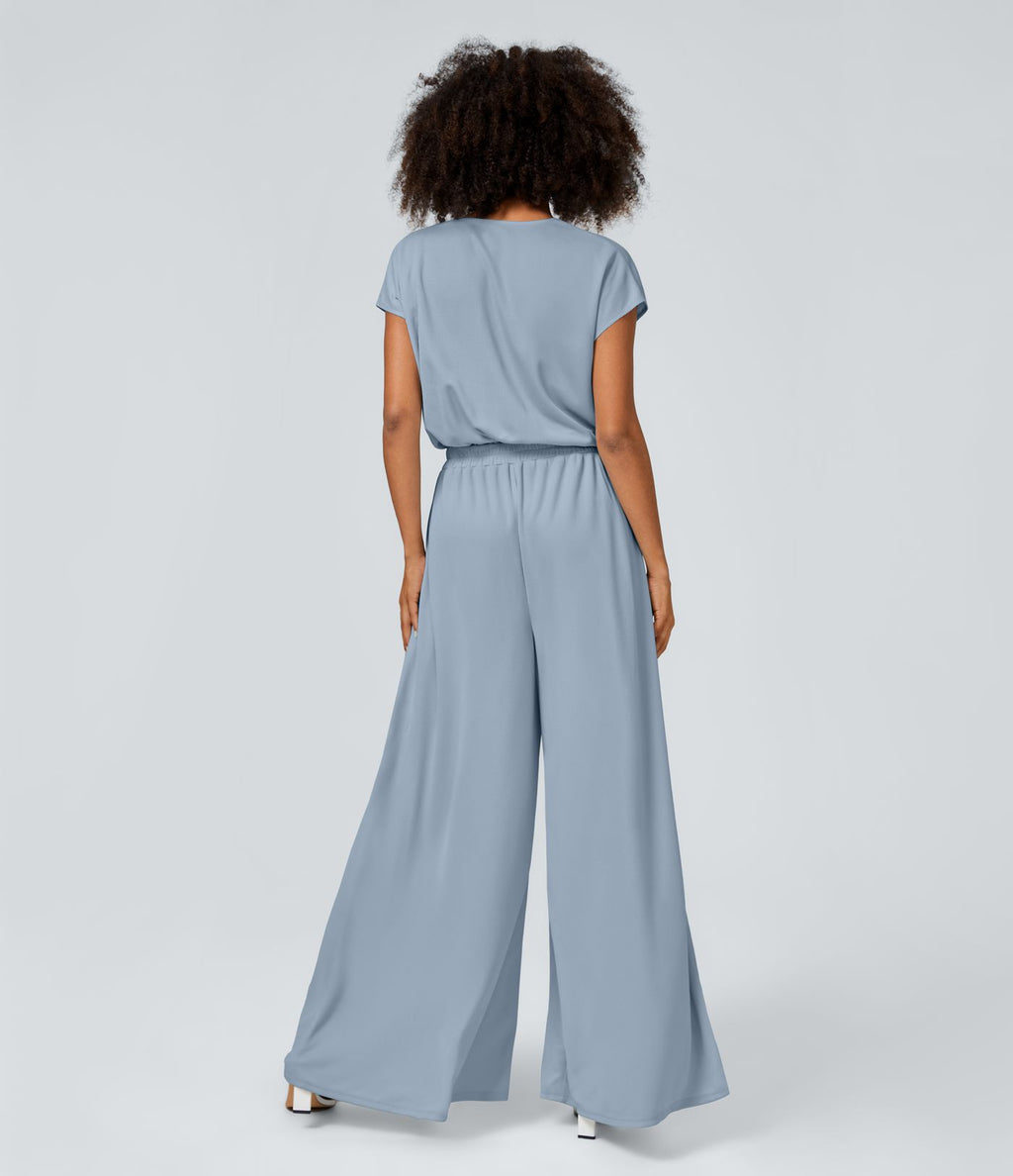 Combinaison Casual Col en V Jambes Large Plissée Manches Courtes Poche Latérale Gaufrée Fluide