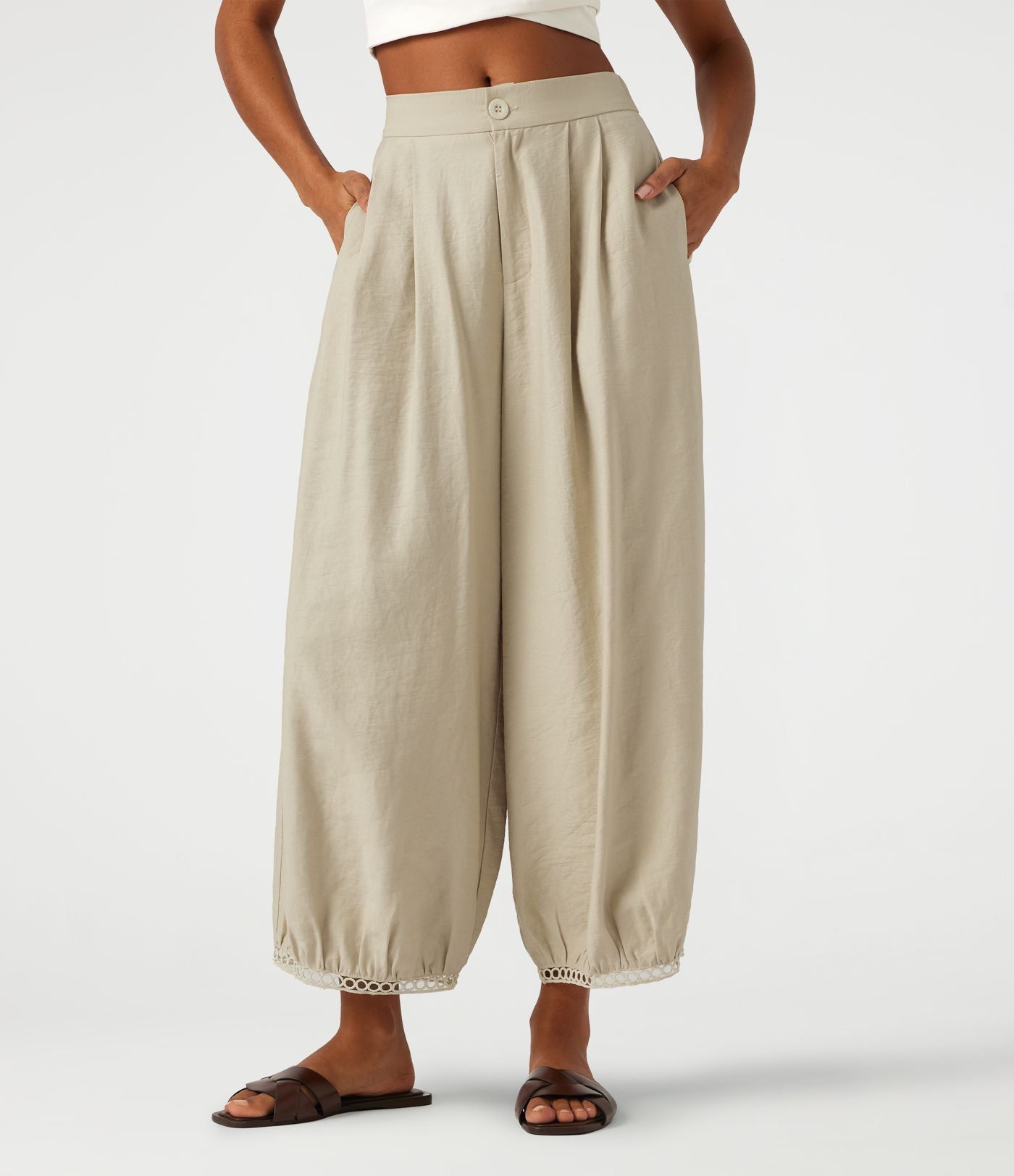 Pantalon casual barrel longueur 7/8 taille mi-haute à bordure ajourée avec poches