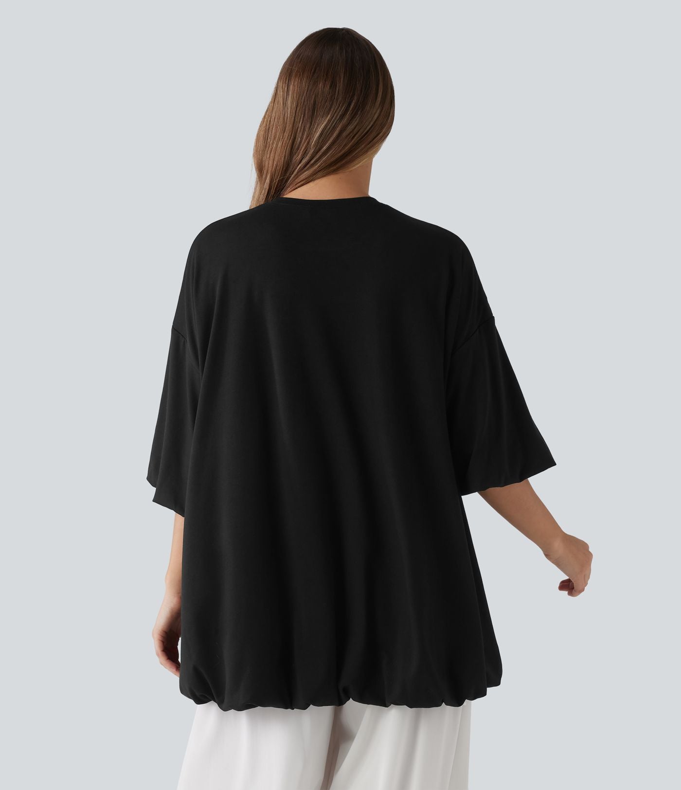 Top casual oversize col rond à manches mi-longues et ourlet boule