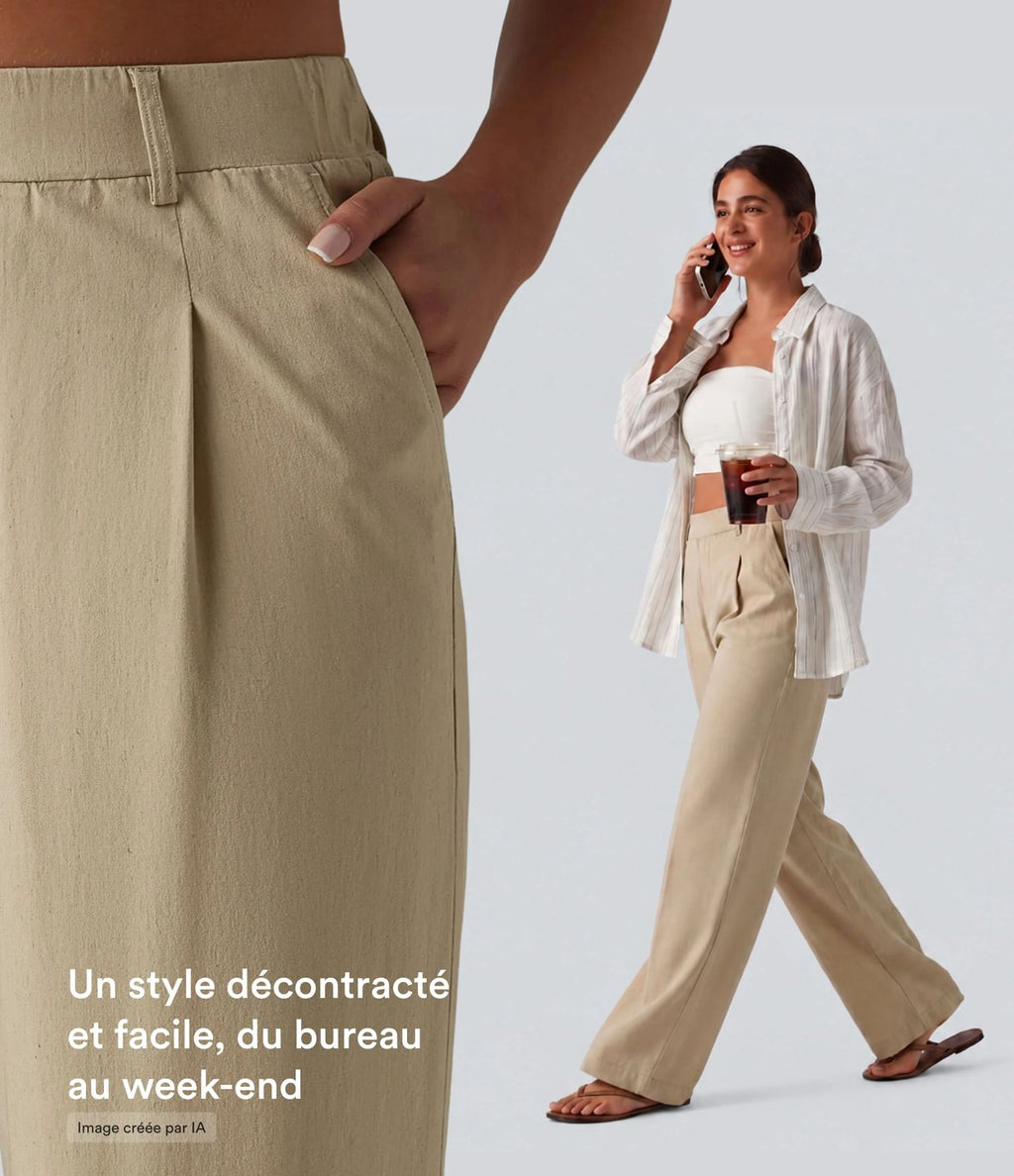 Pantalon taille haute casual en lin stretch coupe droite avec poches