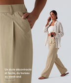 Pantalon taille haute casual en lin stretch coupe droite avec poches