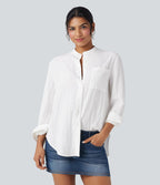 Chemise décontractée manches longues ourlet arrondi avec poche
