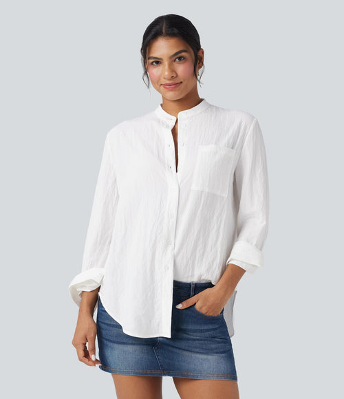 Chemise décontractée manches longues ourlet arrondi avec poche