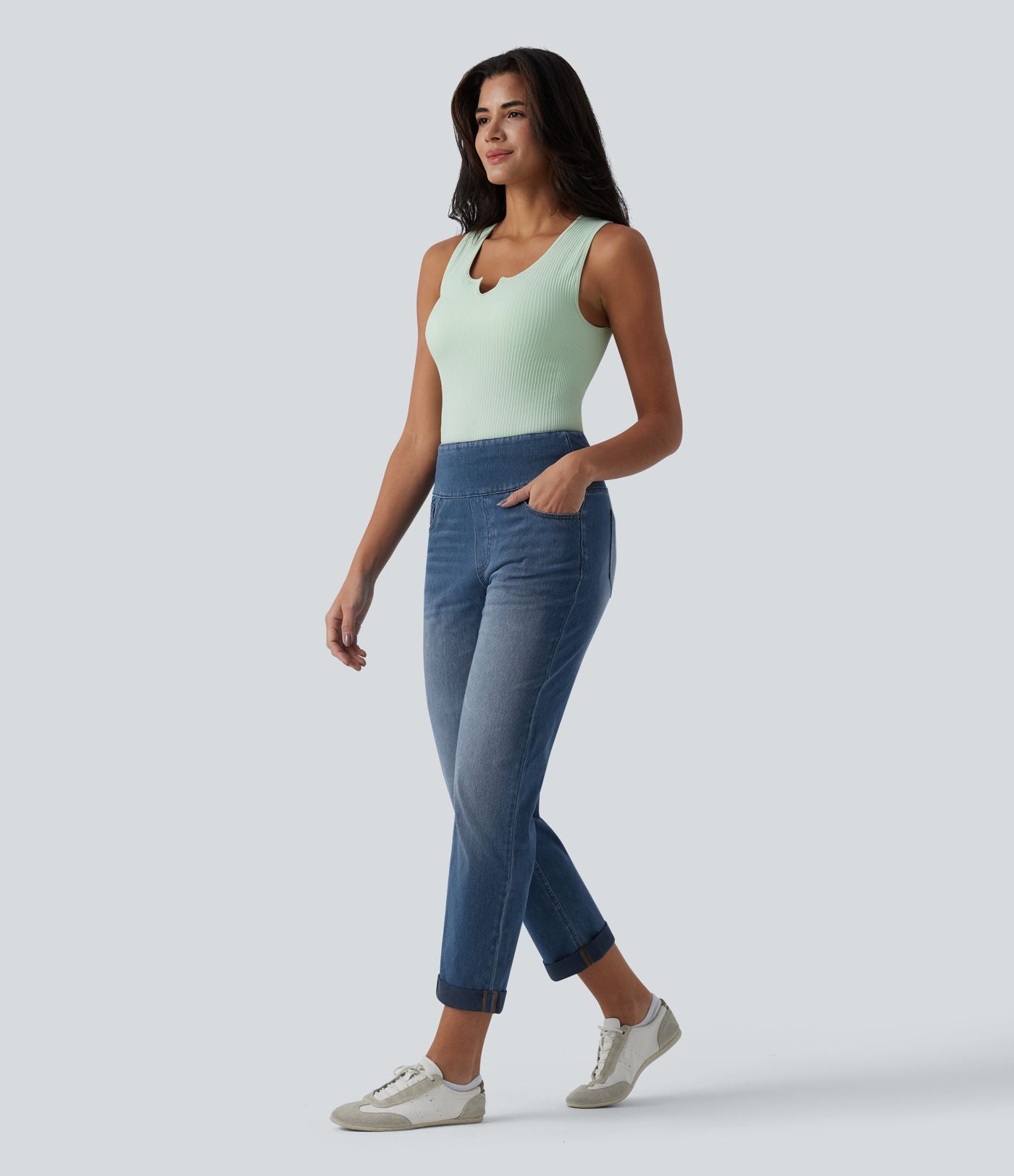 Halara Flex™ Jean 7/8 casual taille haute ventre plat à ourlet retroussé, avec poches