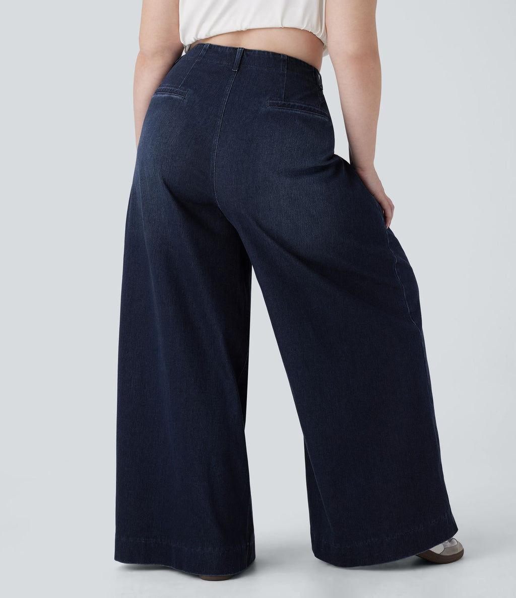 Jean décontracté Halara Flex™ grande taille large taille haute en maille extensible délavée avec poches avant