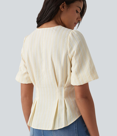 Blouse casual à rayures col V et manches bouffantes mi-longues