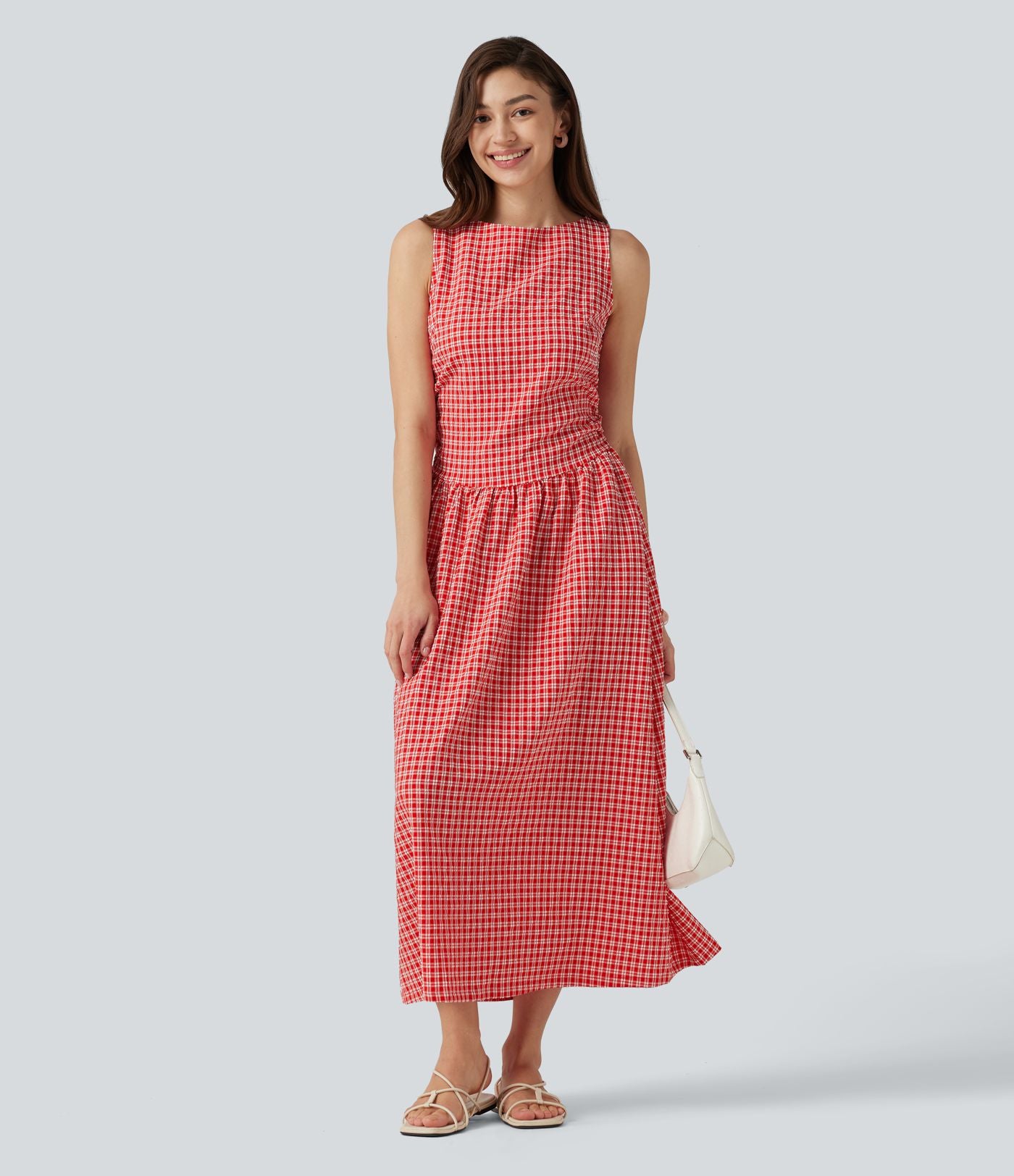 Robe midi décontractée à carreaux vichy, col bateau, sans manches, avec poches