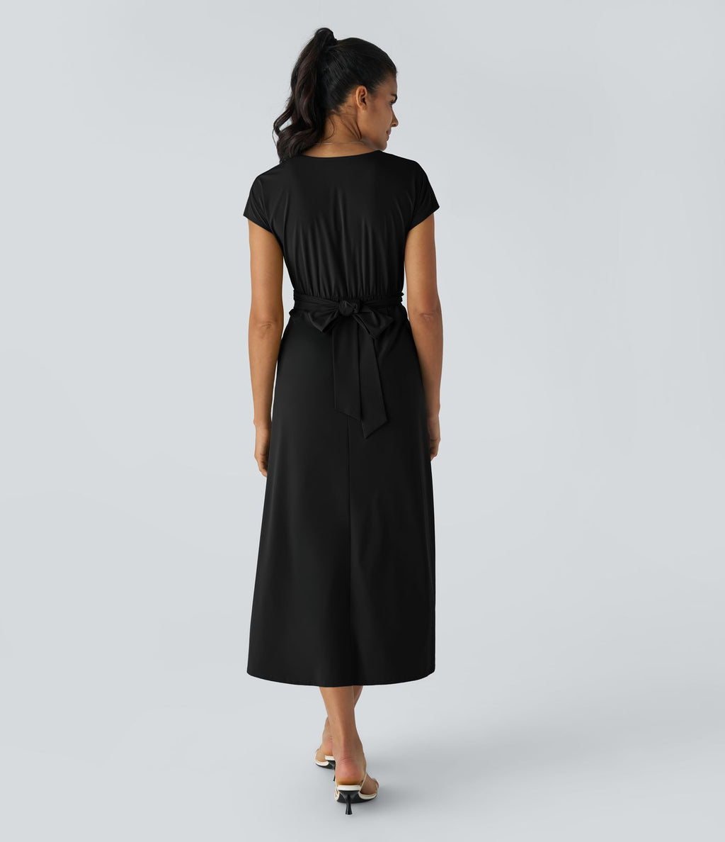 Breezeful™ Robe Mi-Longue Col en V Manches Courtes Poche Latérale Nouée au Dos Séchage Rapide