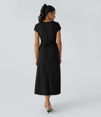 Breezeful™ Robe Mi-Longue Col en V Manches Courtes Poche Latérale Nouée au Dos Séchage Rapide