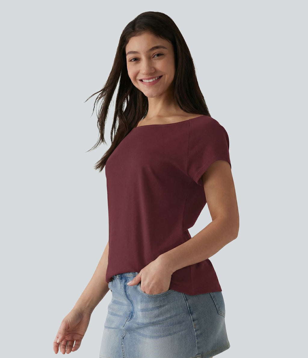 T-shirt décontracté col bateau manches courtes coton