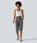Jogging yoga corsaire chiné taille haute à fronces avec poches