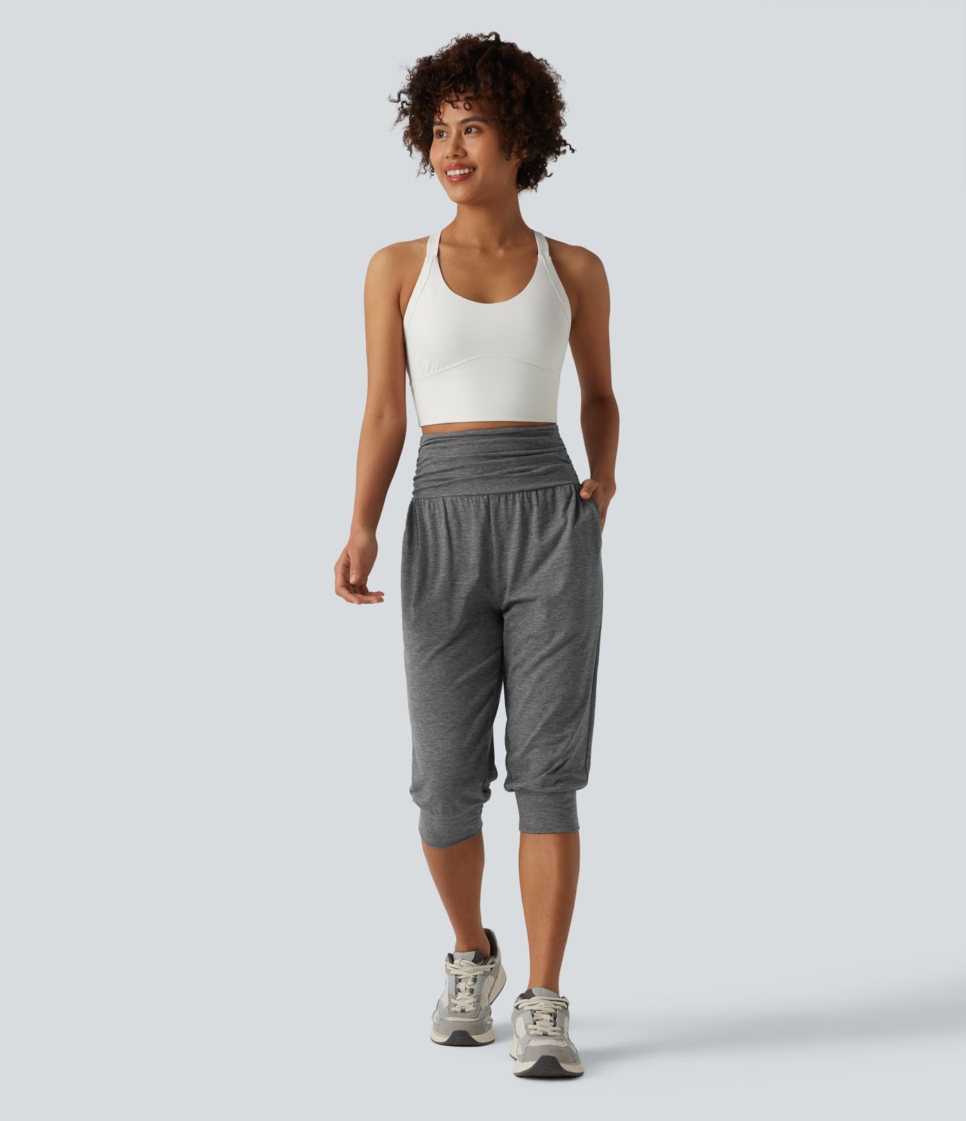 Jogging yoga corsaire chiné taille haute à fronces avec poches