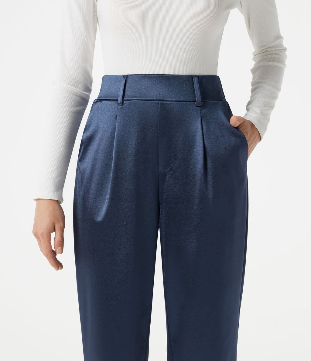 Pantalon habillé fuselé taille haute en satin avec poches
