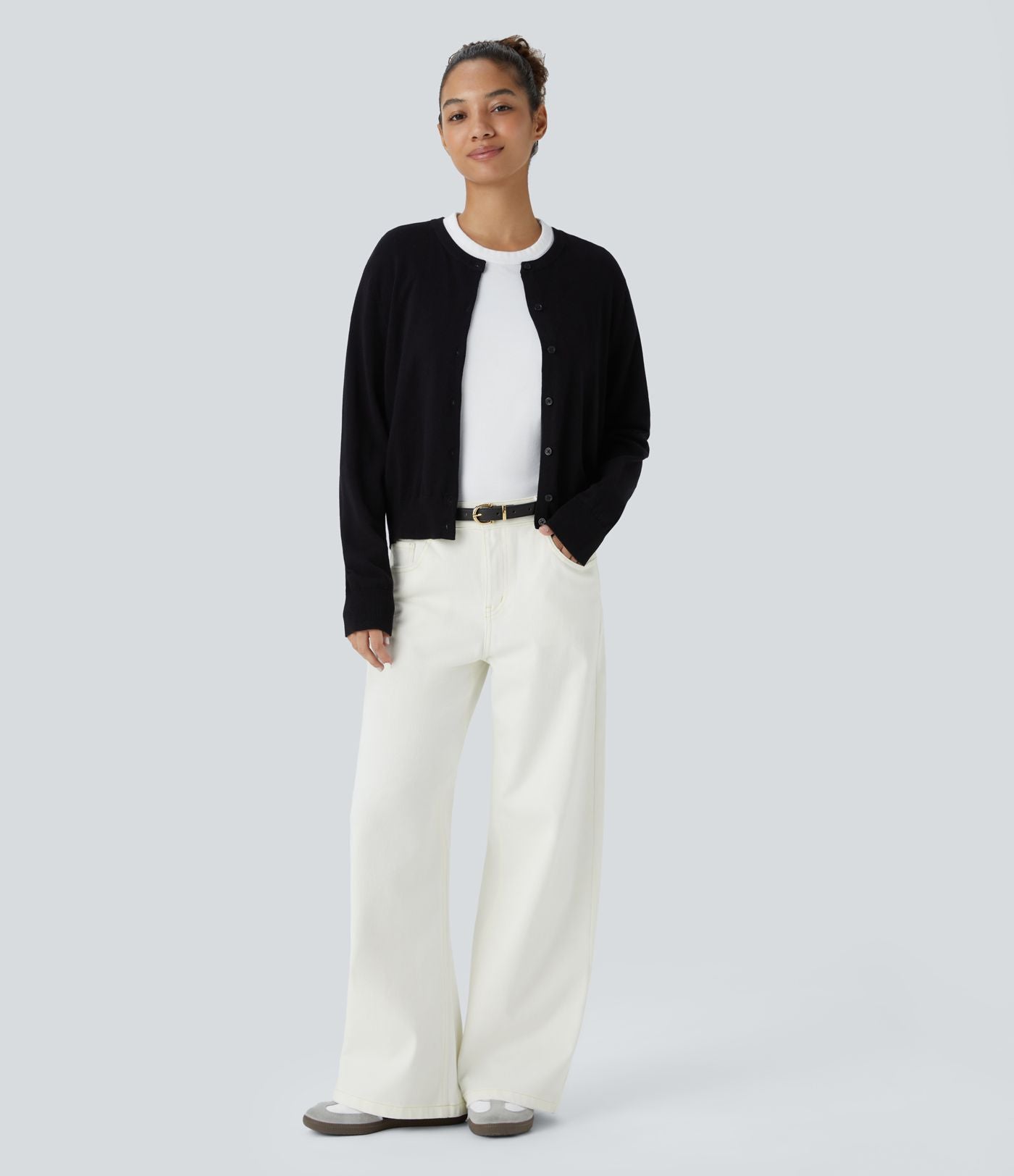 Halara Flex™ Jean Large Casual Taille Basse avec Boutons Zip Multiples Poches Lavés Élastiques et Tricotés
