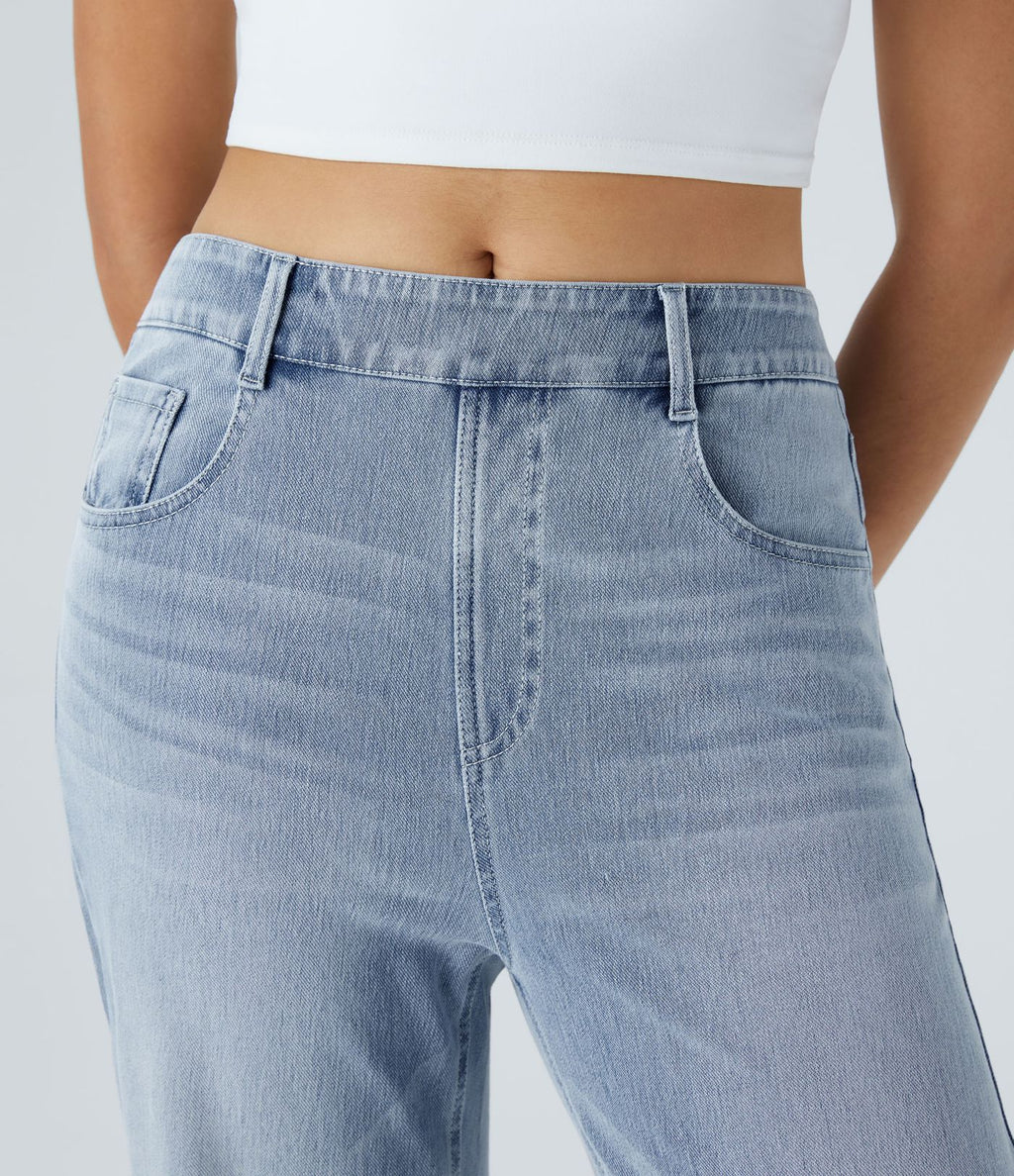 Jean Casual Halara Flex™ Taille Mi-Haute à Jambes Larges Tricot Extensible Lavé avec Poches Multiples